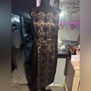 BHS- Vintage Black Lace-Overlay Midi Dress with Bronze Underlay